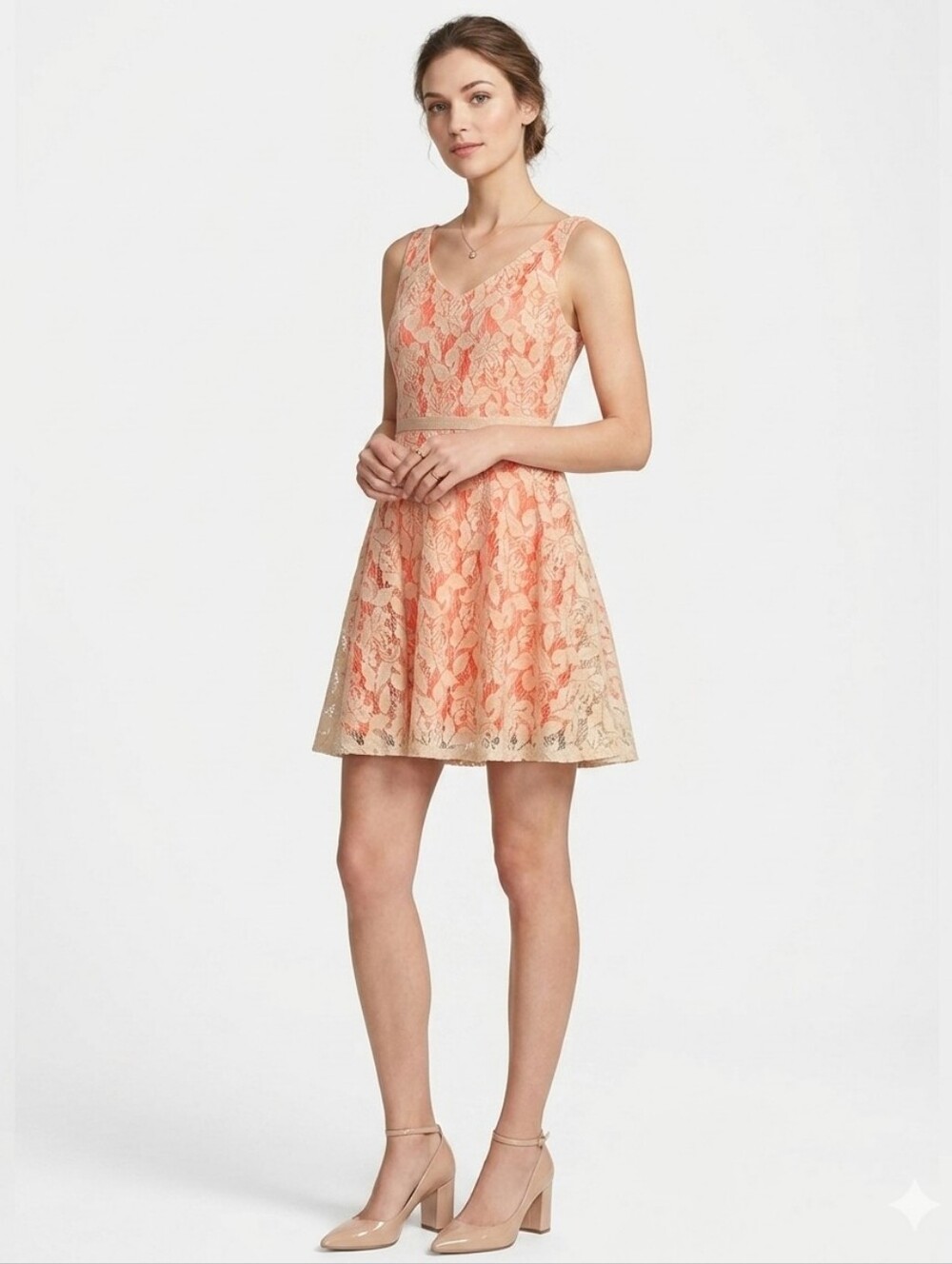 🦋 Danny & Nicole Lace Fit-and-Flare Dress in Blush Peach